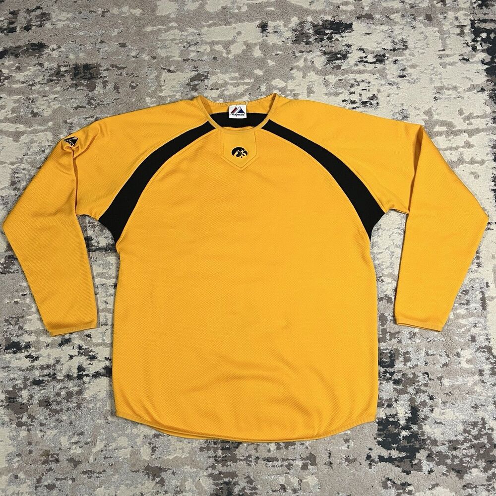 VTG Majestic Iowa Hawkeyes Pullover Shirt Men’s Sz L Black Gold Training Warmup